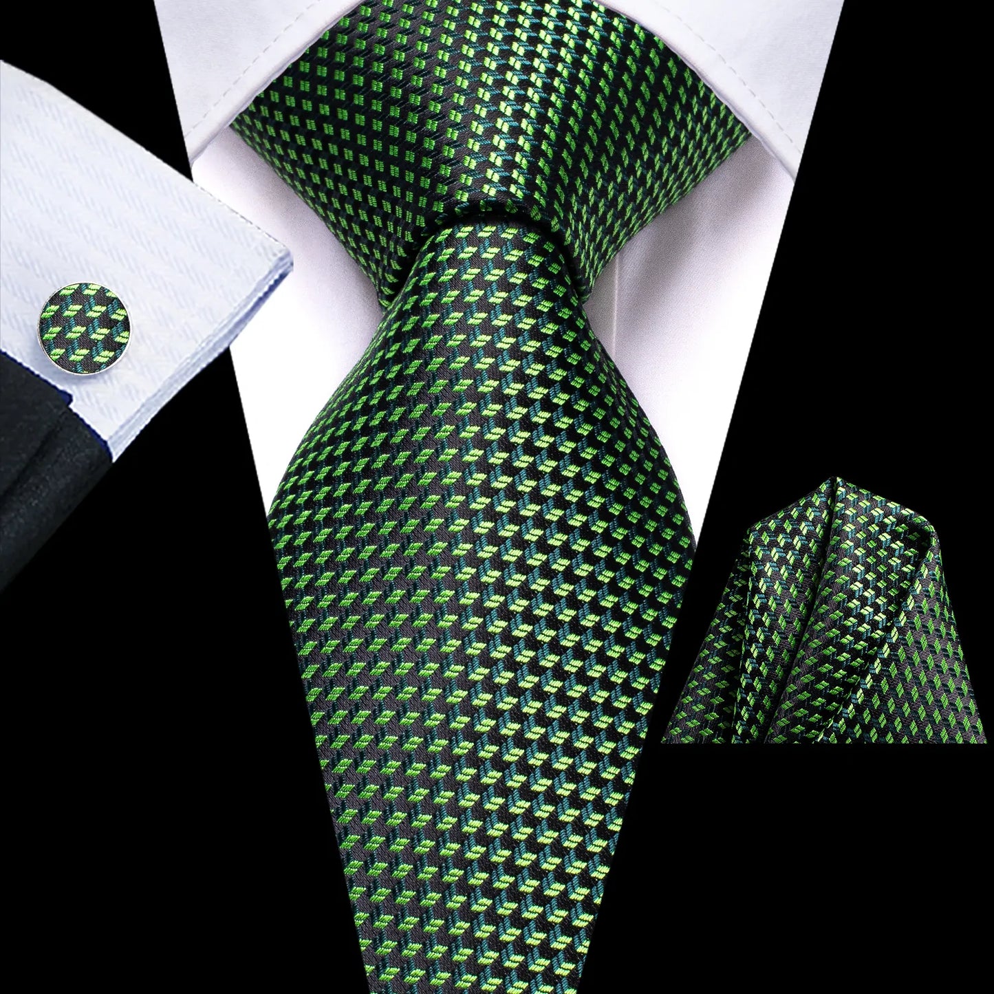Green Tiny Circle Tie, Pocket Square and Cufflinks - Masculine Clothes