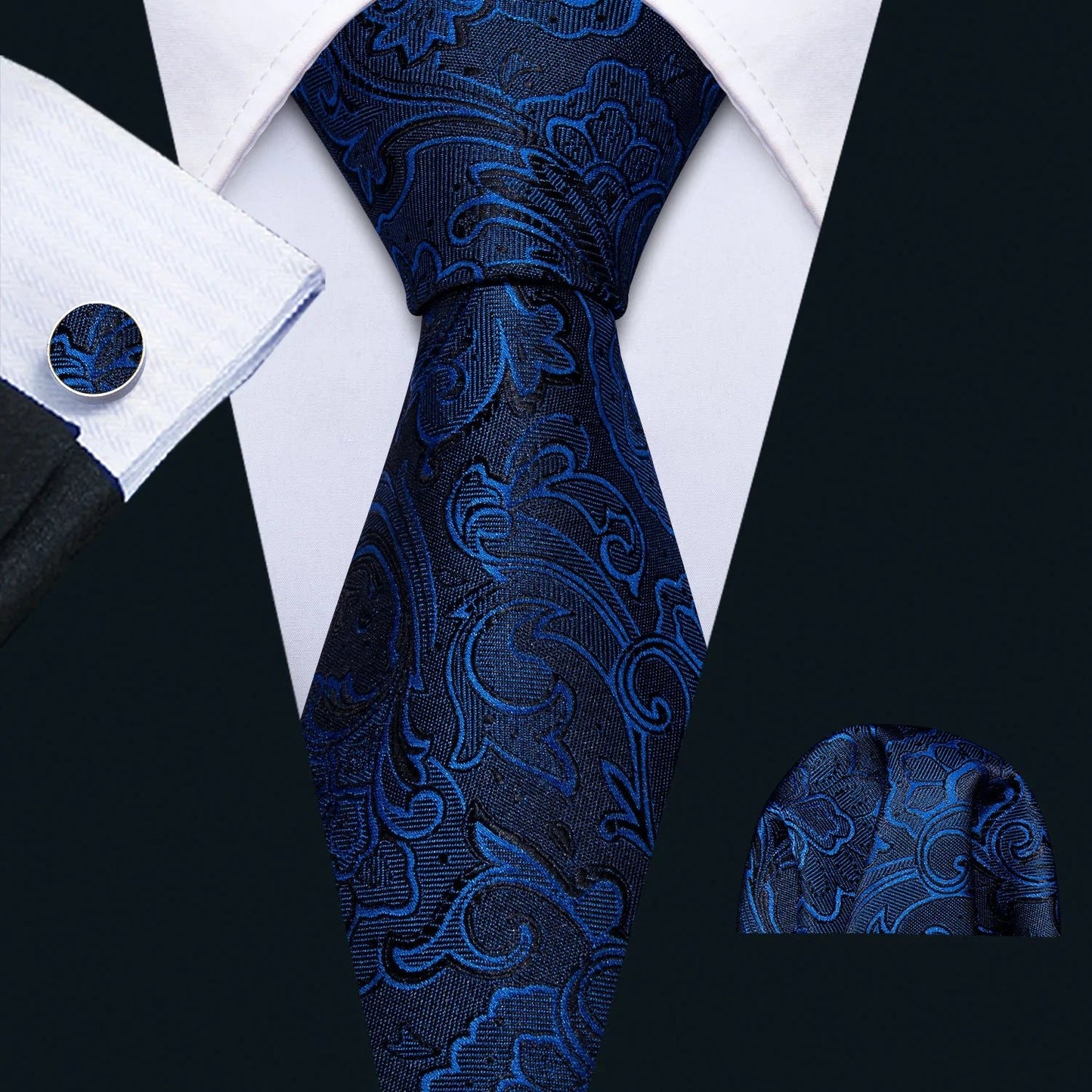 Premium Blue Floral In Black Silk Tie Set - Masculine Clothes