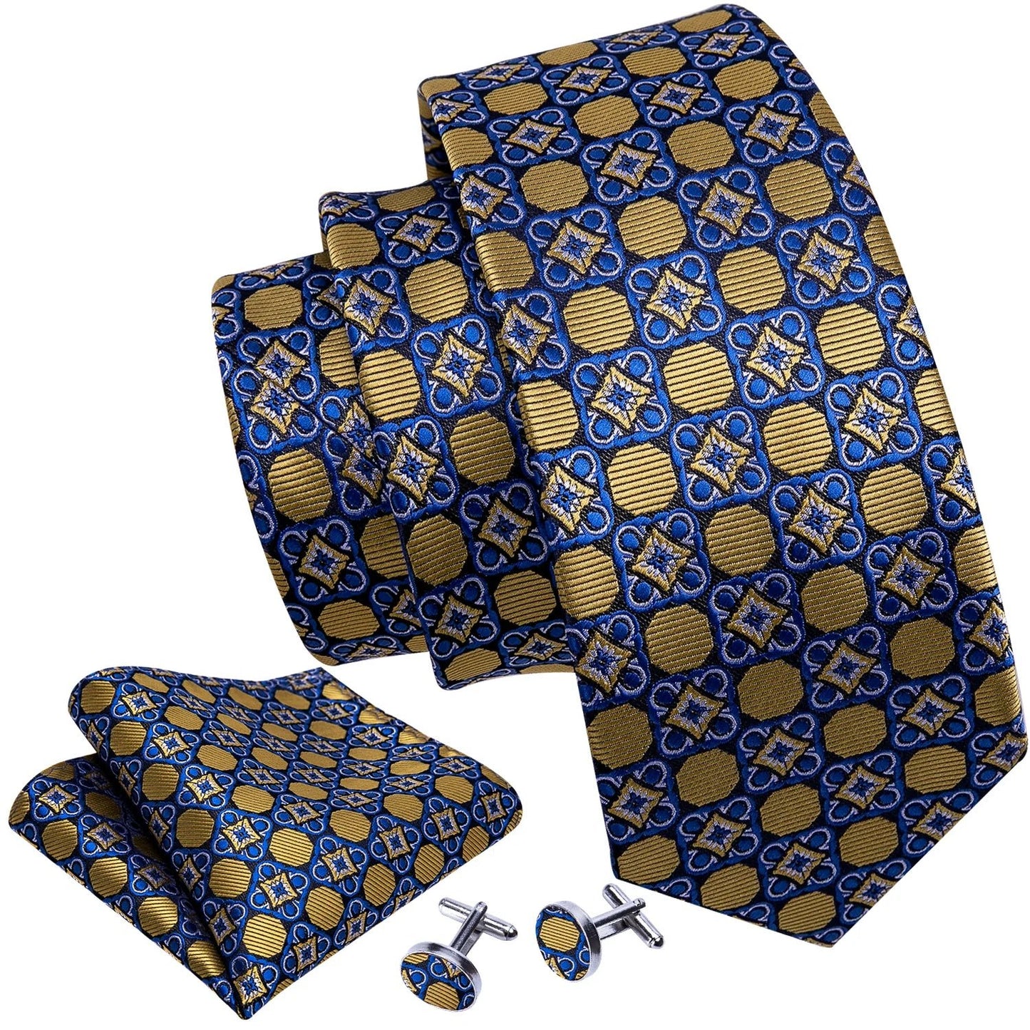 Gold Circle with Blue Flowers Tie Set - Masculine Clothes