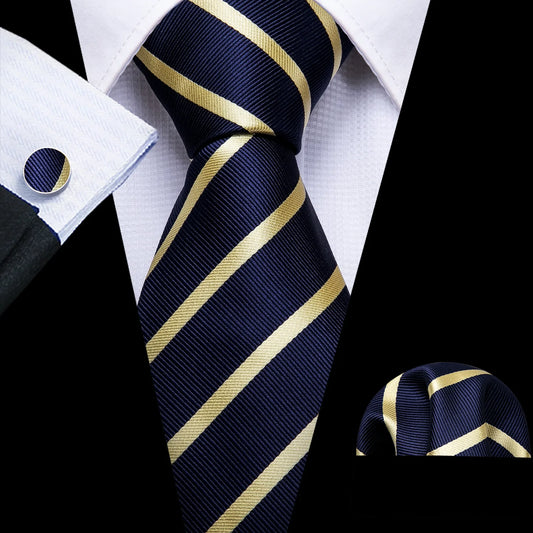 Yellow Lines In Dark Blue Tie Set - Masculine Clothes