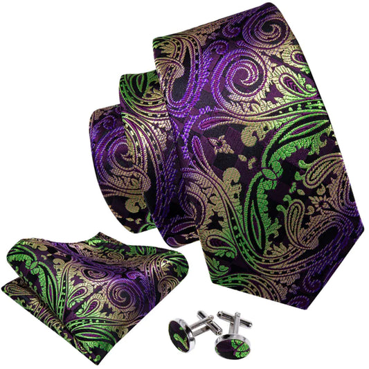 Luxury Purple Green and Gold Leaves Tie Set - Masculine Clothes