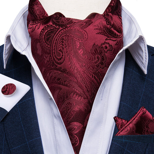 Luxury Burgundy Leaves Silk Ascot Set - Masculine Clothes