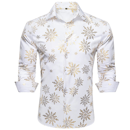 Gold Snowflakes In White Silk Long Sleeves Shirt - Masculine Clothes