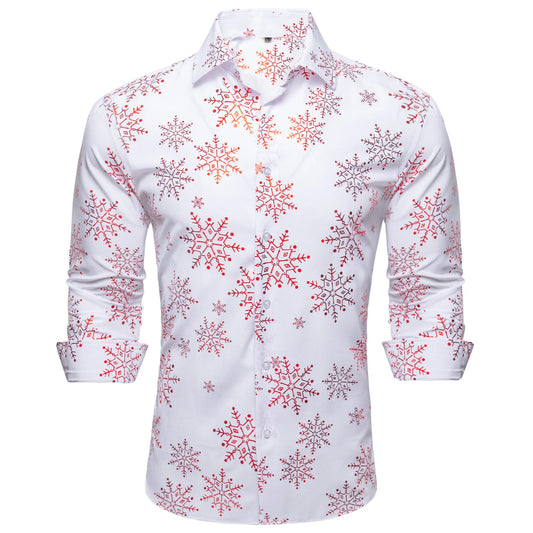 Red Snowflakes In White Silk Long Sleeves Shirt - Masculine Clothes