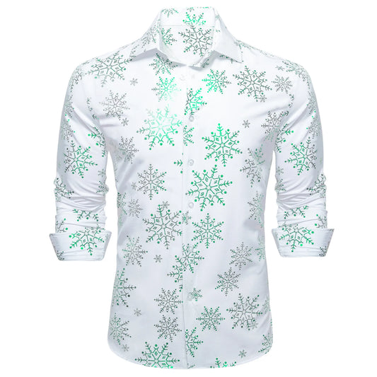 Green Snowflakes In White Silk Long Sleeves Shirt - Masculine Clothes