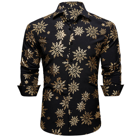 Gold Snowflakes In Black Silk Long Sleeves Shirt - Masculine Clothes