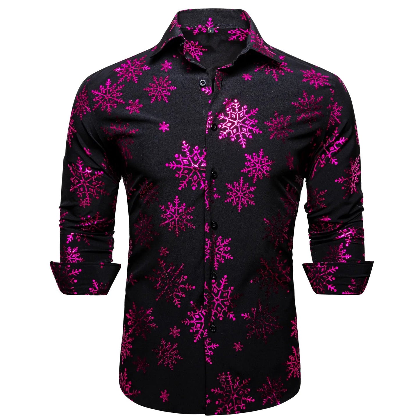 Pink Snowflakes In Black Silk Long Sleeves Shirt - Masculine Clothes