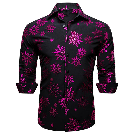 Pink Snowflakes In Black Silk Long Sleeves Shirt - Masculine Clothes
