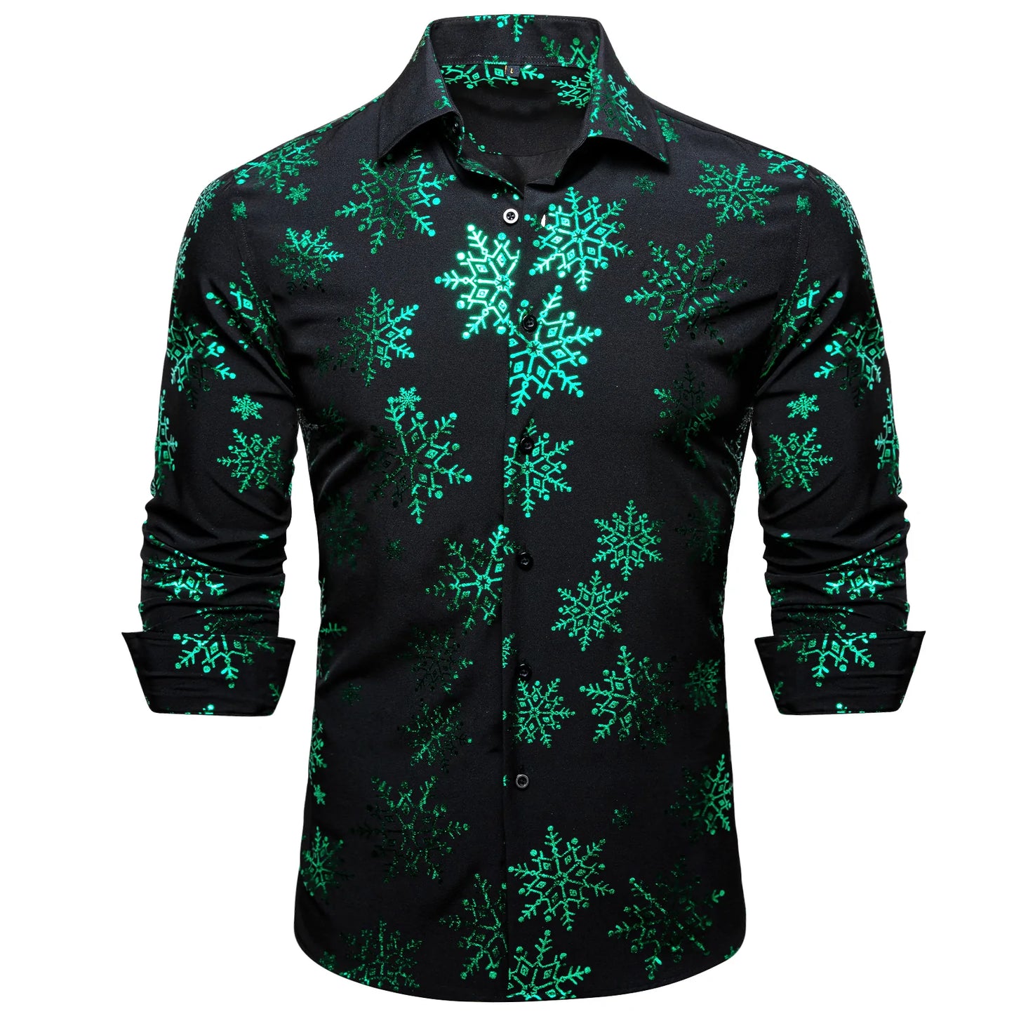 Green Snowflakes In Black Silk Long Sleeves Shirt - Masculine Clothes
