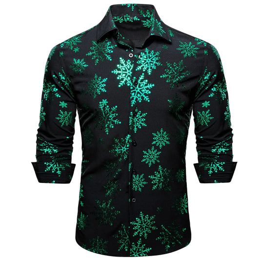 Green Snowflakes In Black Silk Long Sleeves Shirt - Masculine Clothes
