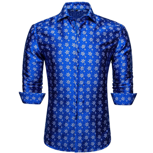 Snowflakes In Blue Silk Shirt - Masculine Clothes