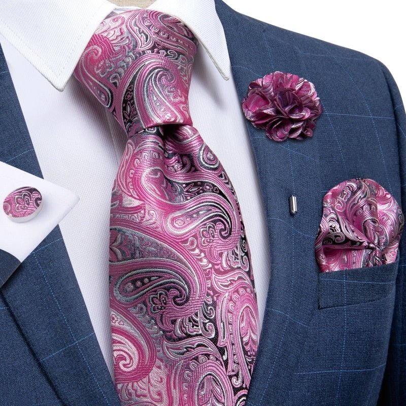 Pink and Gray Floral Paisley Tie Set with Brooch - Masculine Clothes