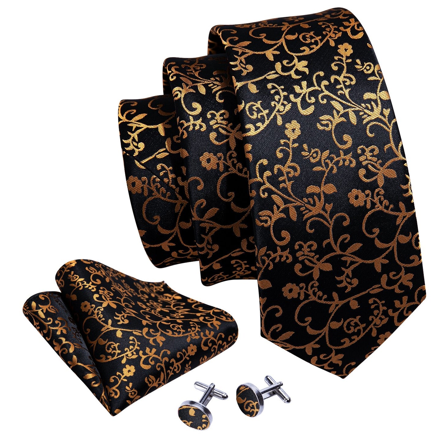 Gold Vineyard In Black Silk Tie Set - Masculine Clothes