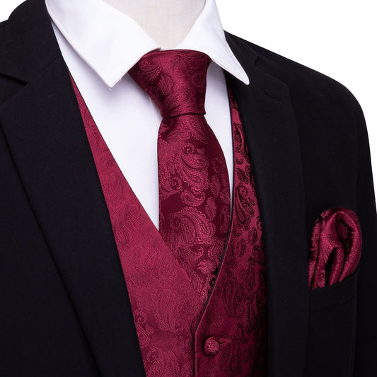 Burgundy Floral Silk Vest Set - Masculine Clothes