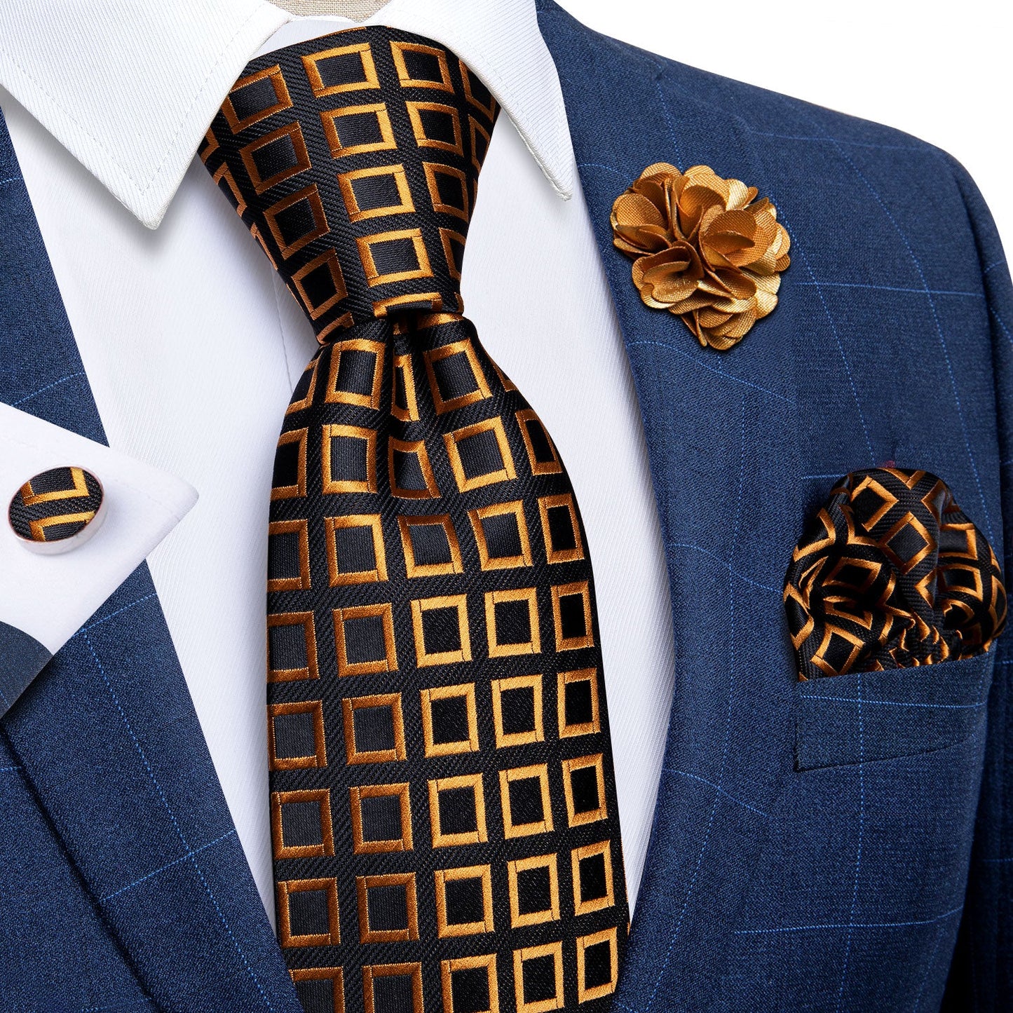 Gold Windows Tie Set In Black with Brooch - Masculine Clothes