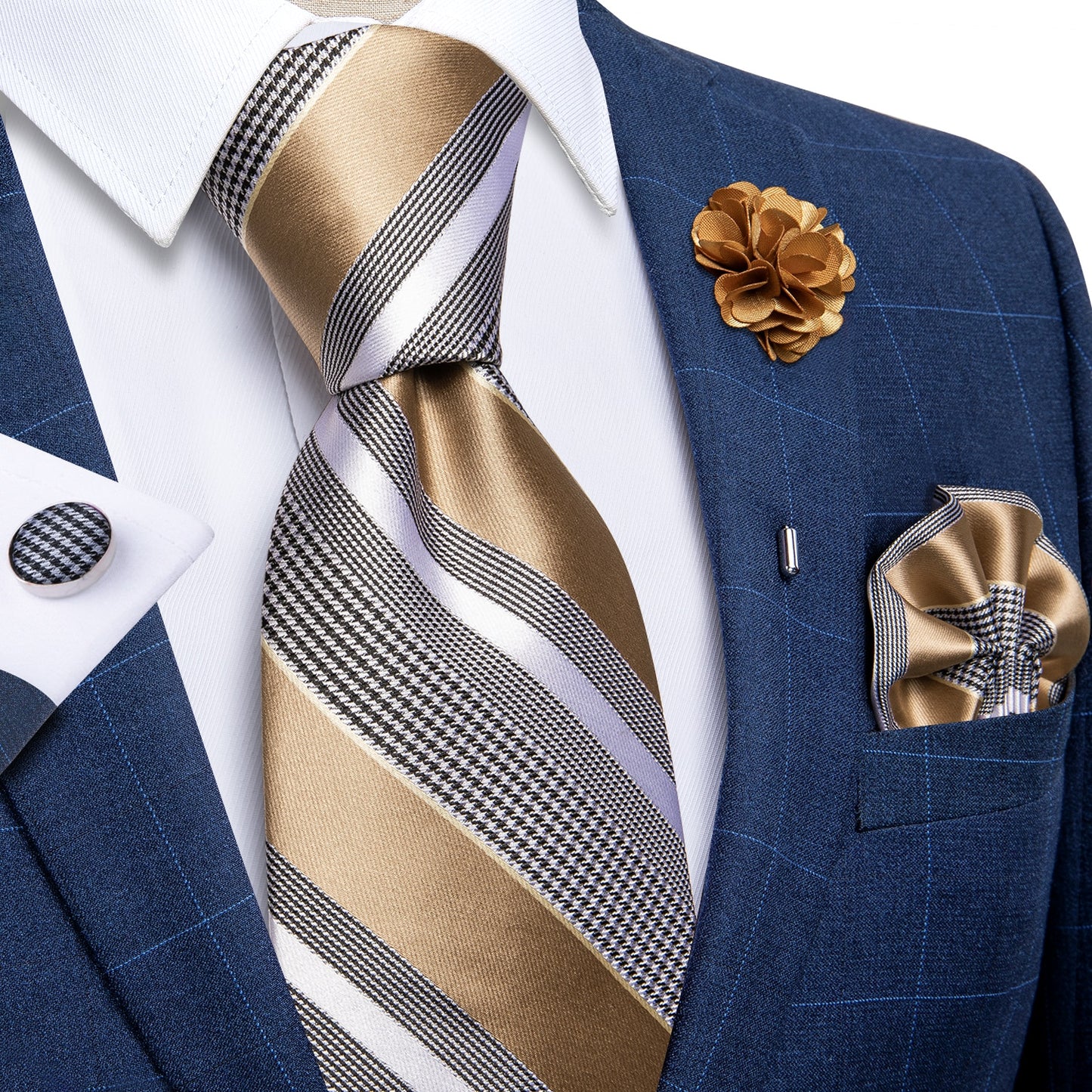 Mocha Stripes Silk Tie Set with Brooch - Masculine Clothes