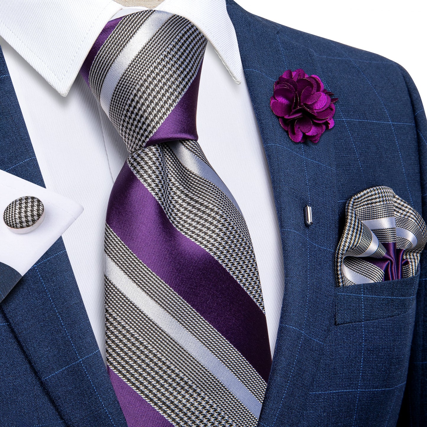 Purple Stripes Silk Tie Set with Brooch - Masculine Clothes