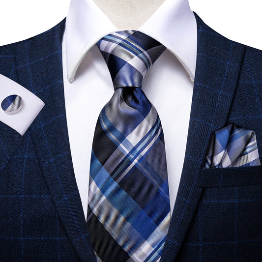 Blue and White Checkered Tie Set - Masculine Clothes