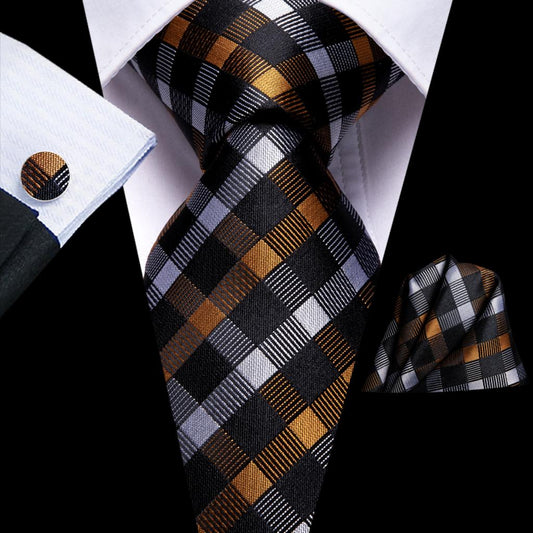 Mustard Checkered Silk Tie Set - Masculine Clothes