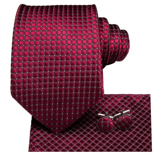 Burgundy Tiny Square Tie, Pocket Square, Cufflinks and Brooch - Masculine Clothes