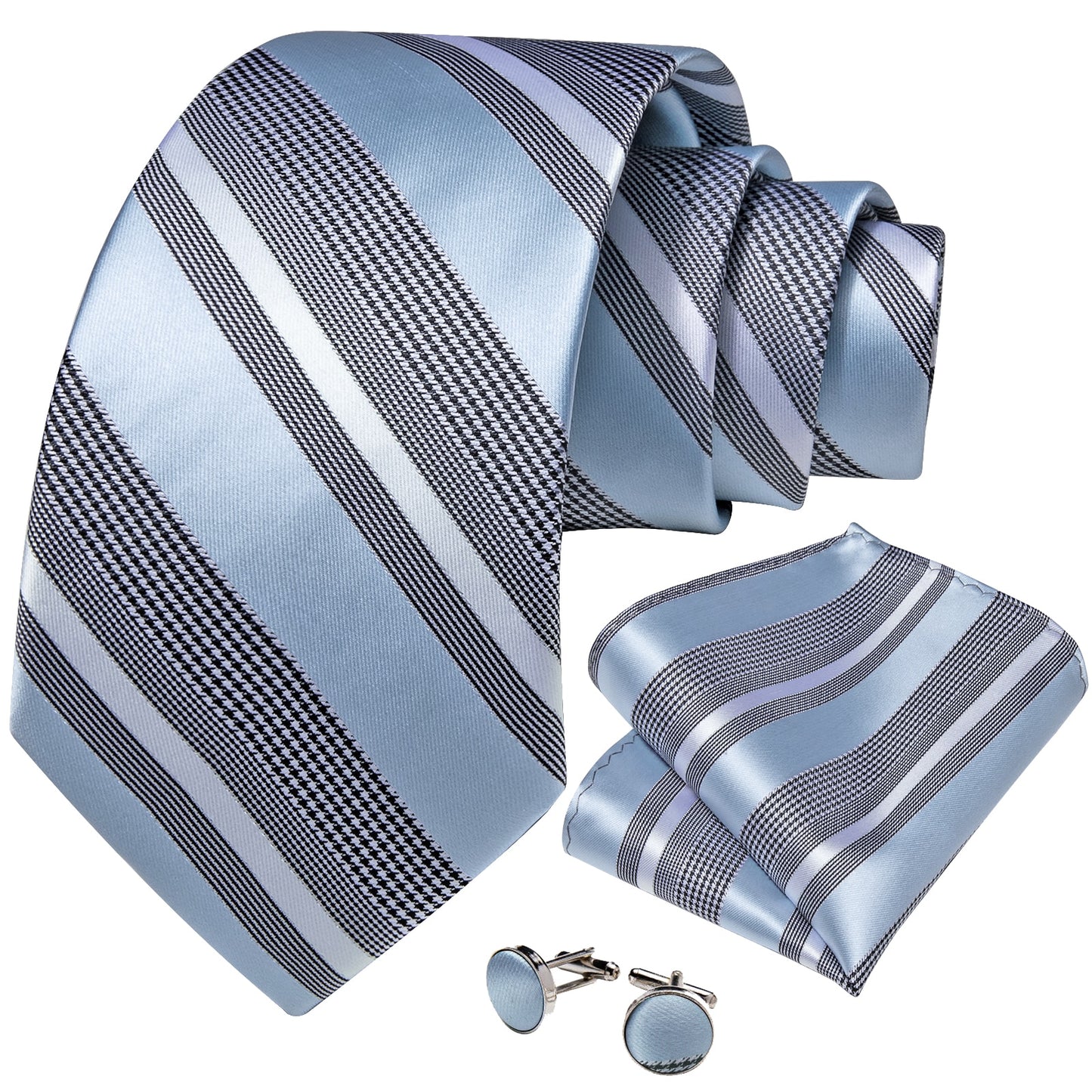 Light Blue Stripes Silk Tie Set - Masculine Clothes