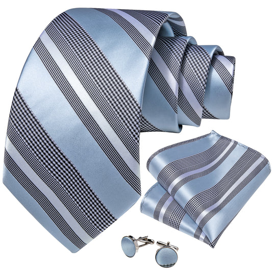 Light Blue Stripes Silk Tie Set - Masculine Clothes