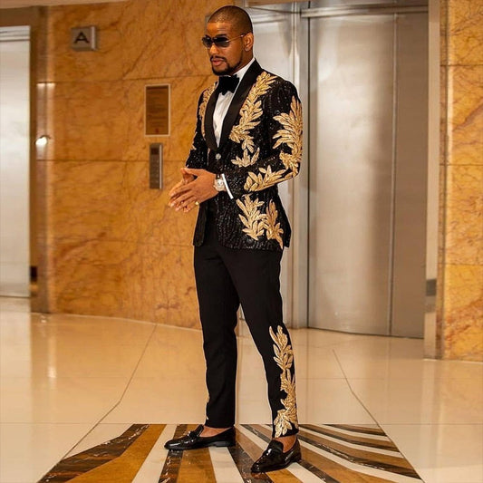 Black Suit Embroidery Gold Shiny Sequins Tuxedo Jacket - Masculine Clothes