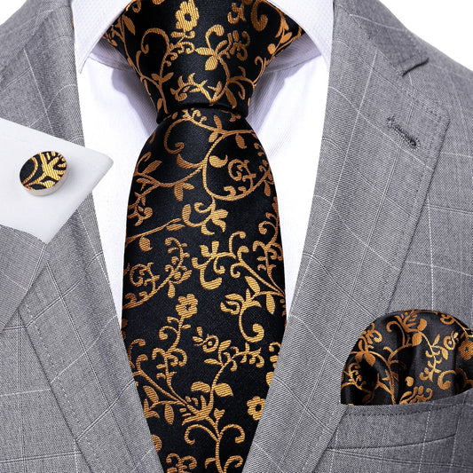 Gold Vineyard In Black Silk Tie Set - Masculine Clothes