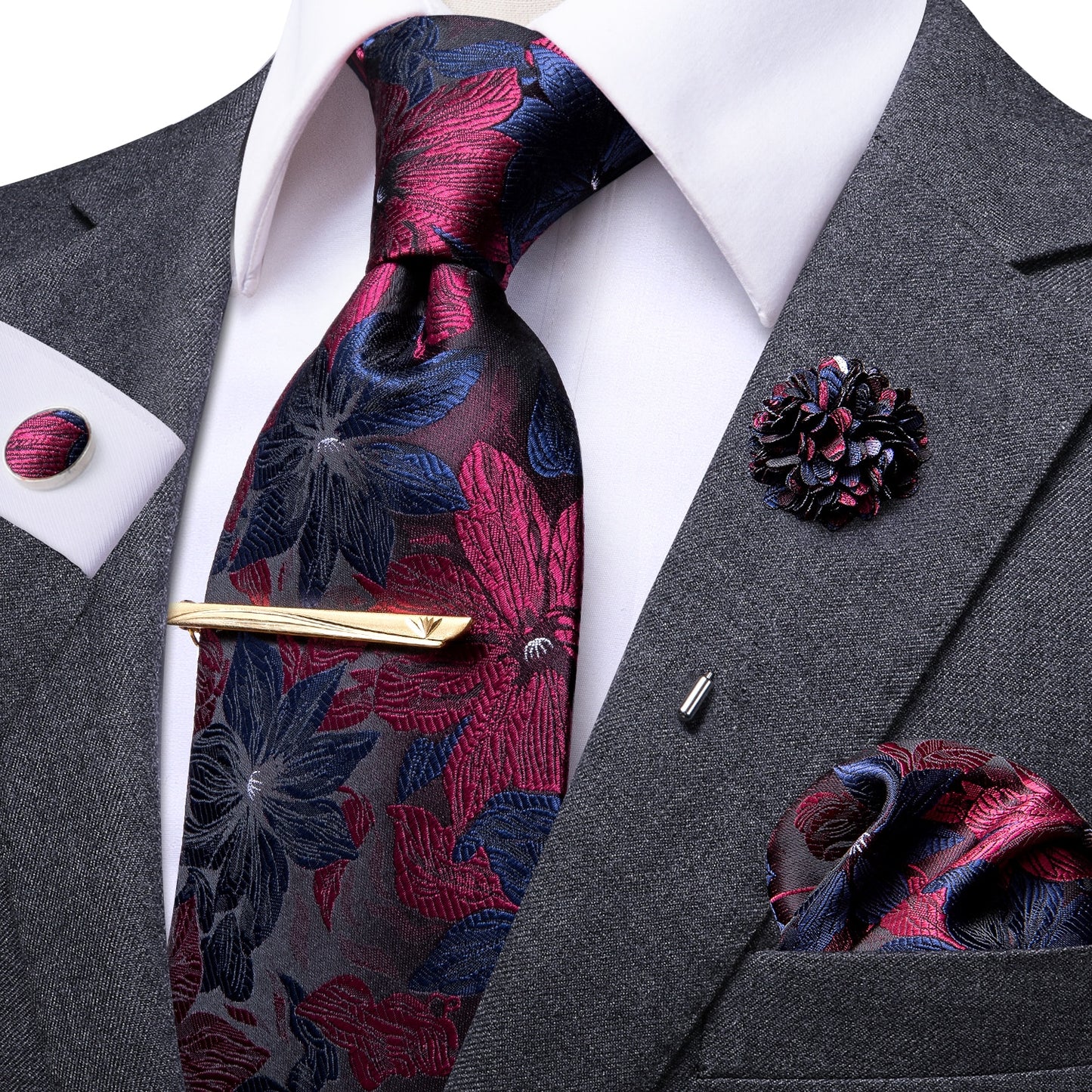 Blue and Burgundy Floral XL Tie Set with Brooch and Tie Clip - Masculine Clothes