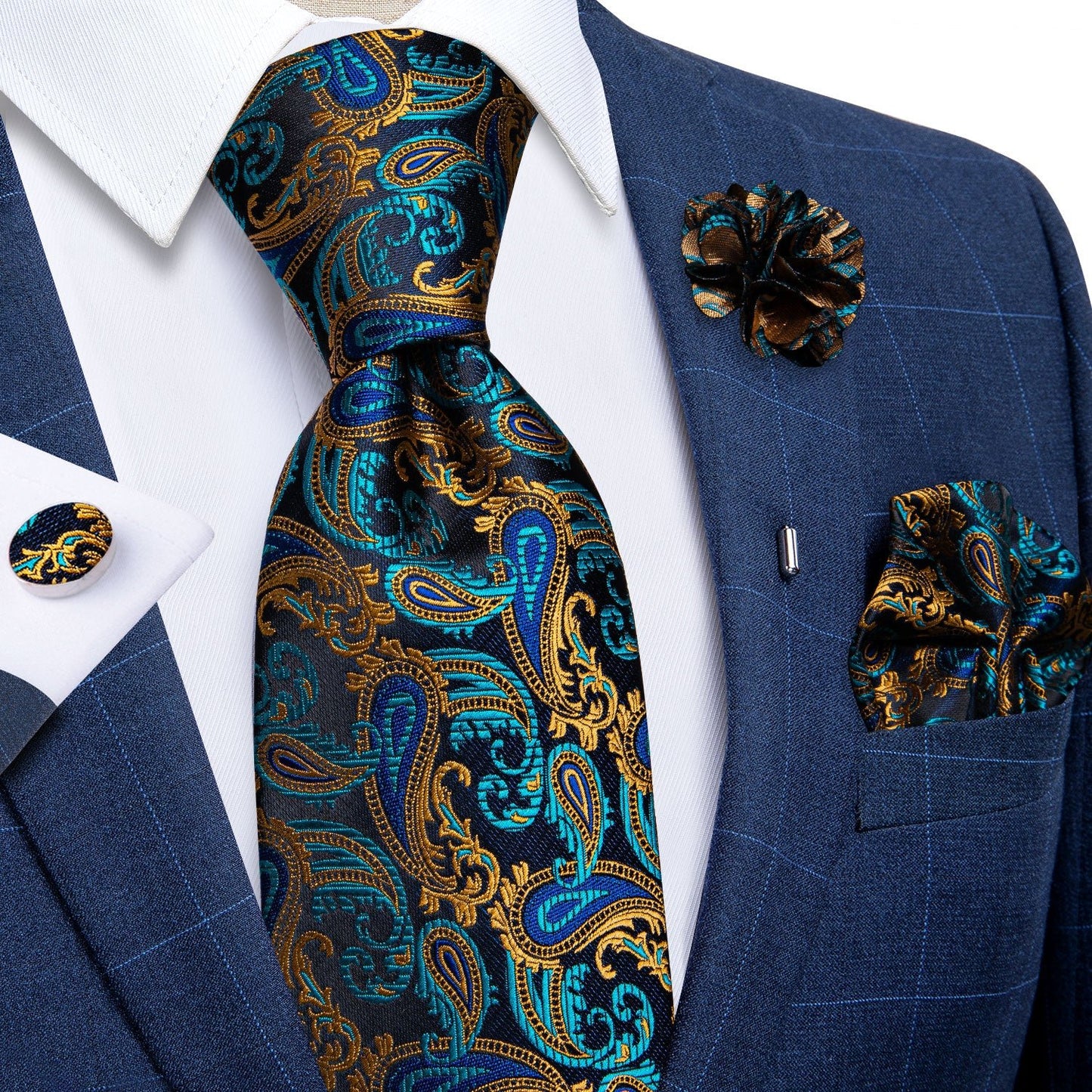 Blue, Green and Gold Leave Tie Set with Brooch - Masculine Clothes