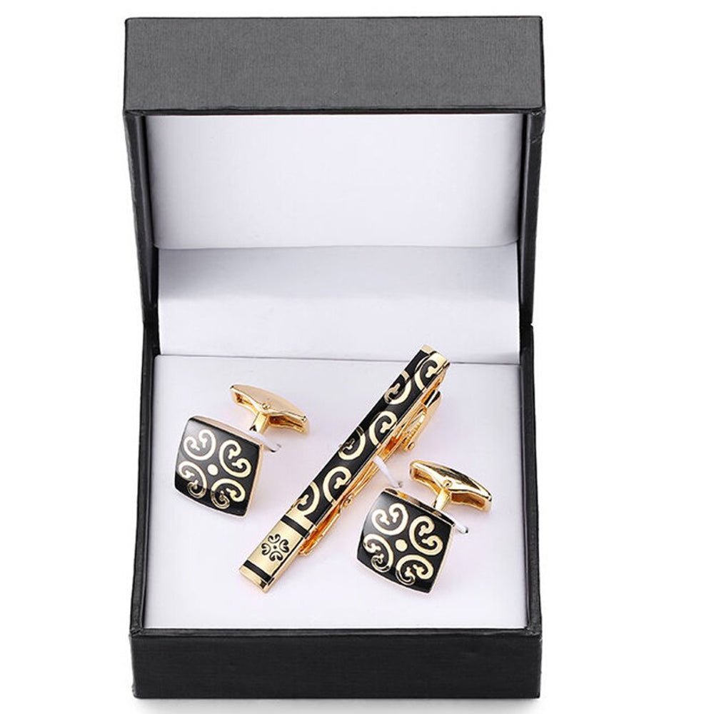 Gold Floral In Black Tie Clip and Cufflinks - Masculine Clothes