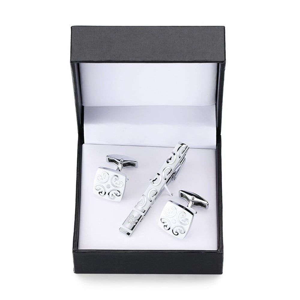Silver Floral Tie Clip and Cufflinks - Masculine Clothes