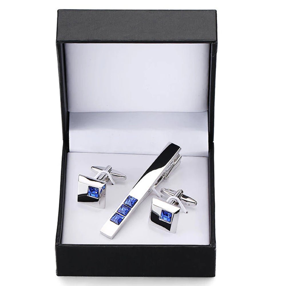 Blue Stones In Silver Tie Clip and Cufflinks - Masculine Clothes