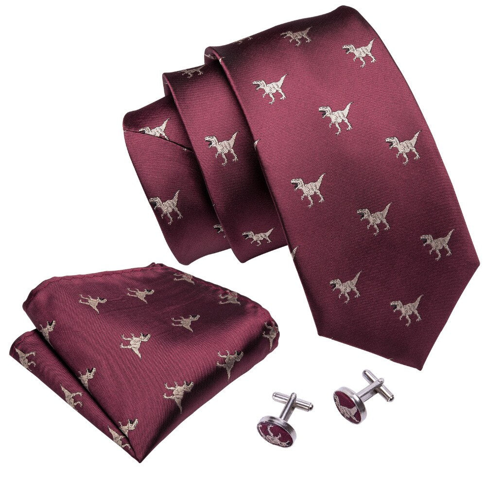 Burgundy Dinosaur Silk Tie Set - Masculine Clothes