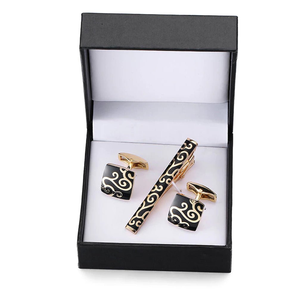 Gold Rapples In Black Tie Clip and Cufflinks - Masculine Clothes