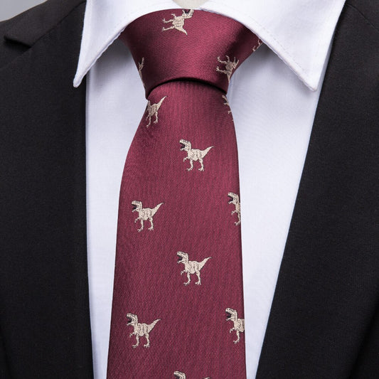 Burgundy Dinosaur Silk Tie Set - Masculine Clothes