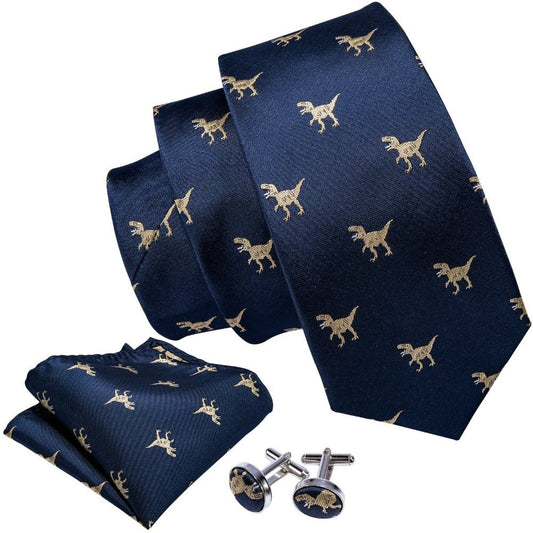 Navy Blue Dinosaur Silk Tie Set - Masculine Clothes