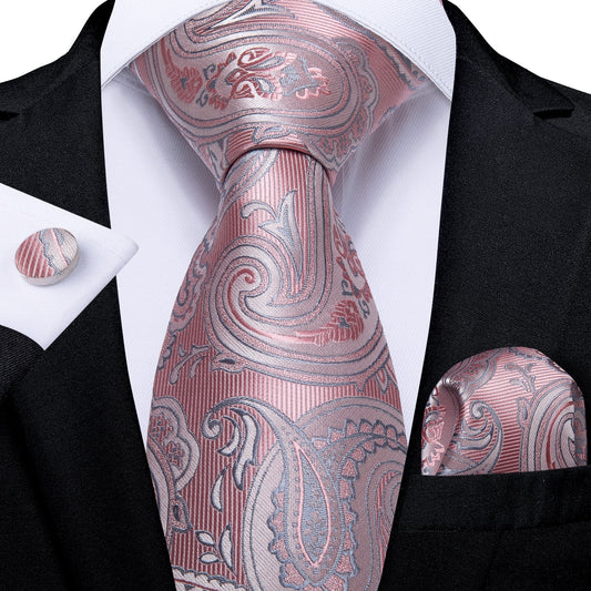 Silver and Gray Floral In Pink Paisley Tie Set - Masculine Clothes