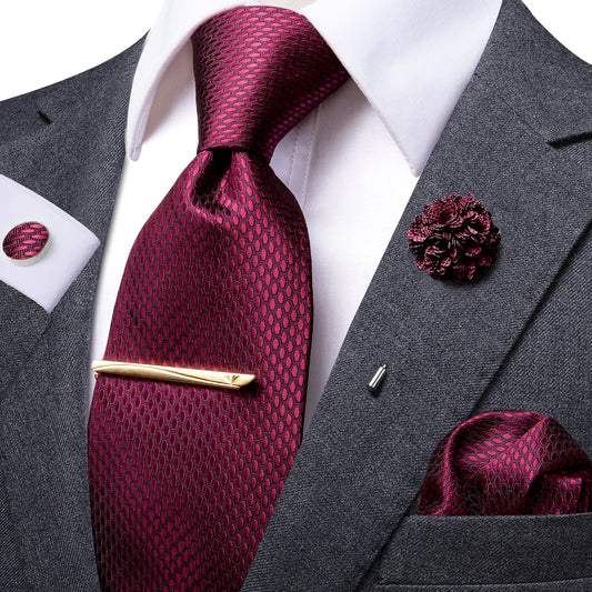 Red Wine Tie Set with Brooch and Tie Clip - Masculine Clothes