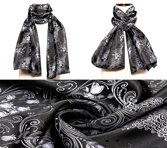 White Floral In Black Paisley Silk Scarf and Tie - Masculine Clothes