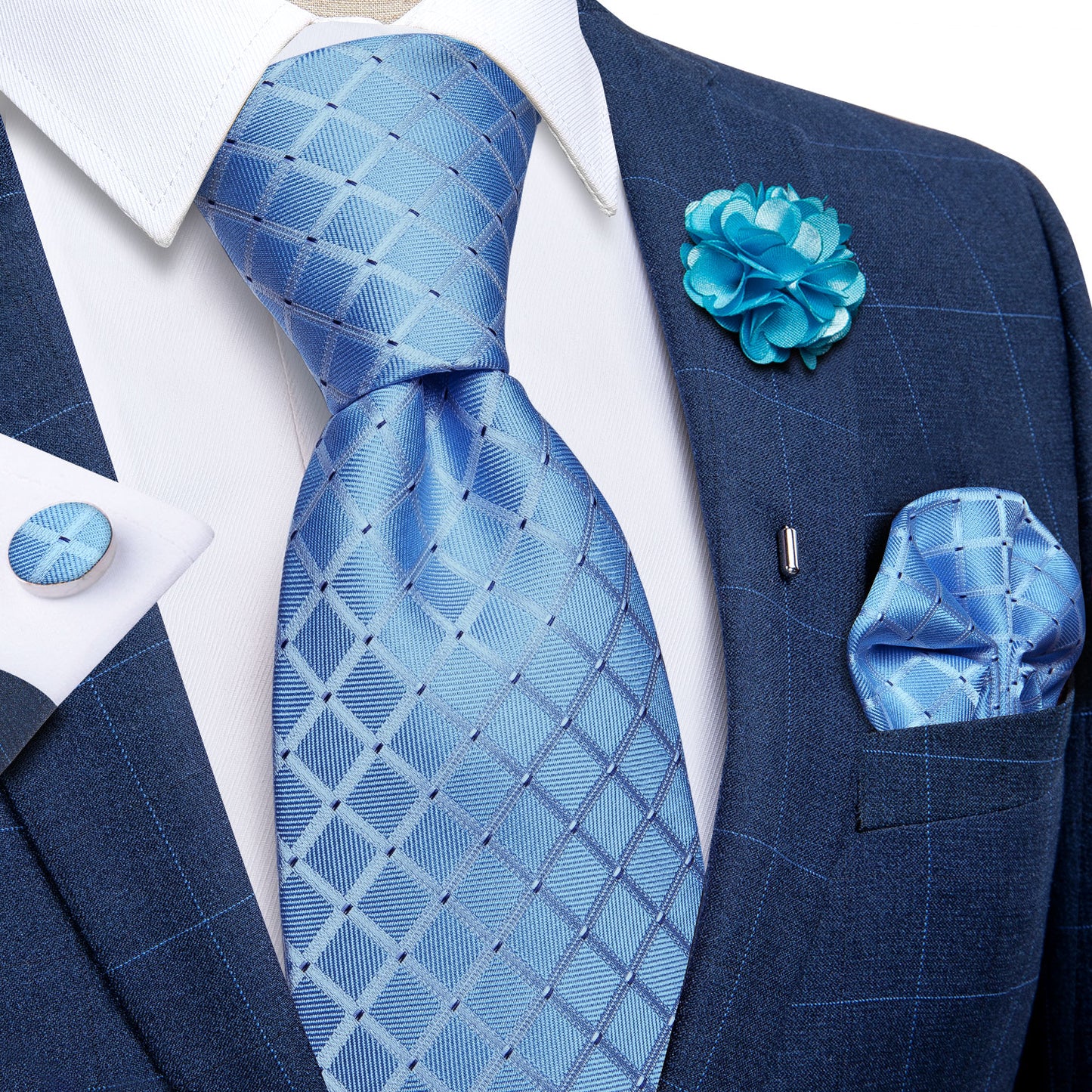 Powder Blue Squares Tie Set with Brooch - Masculine Clothes