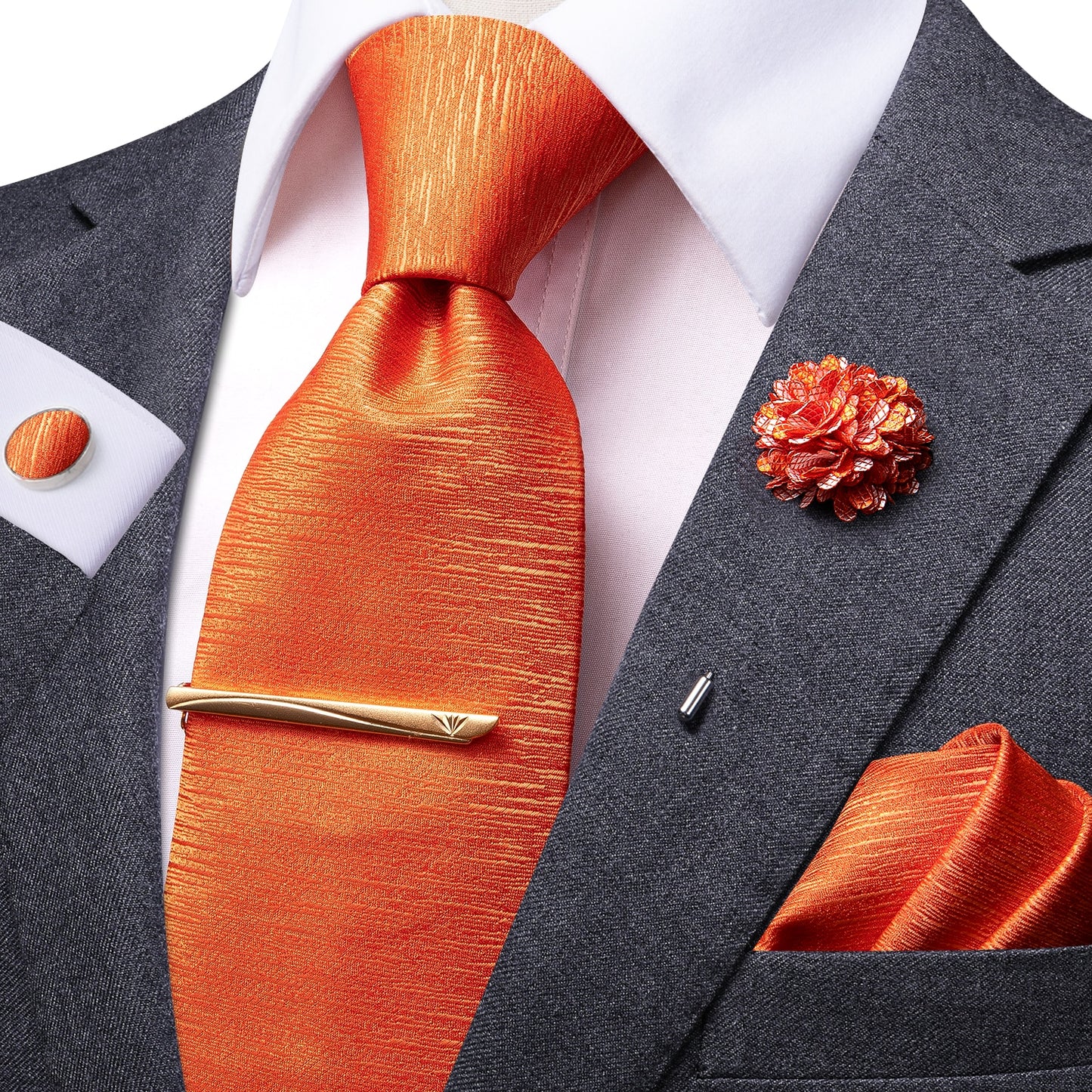 Plain Orange Silk Tie Set with Brooch and Tie Clip - Masculine Clothes