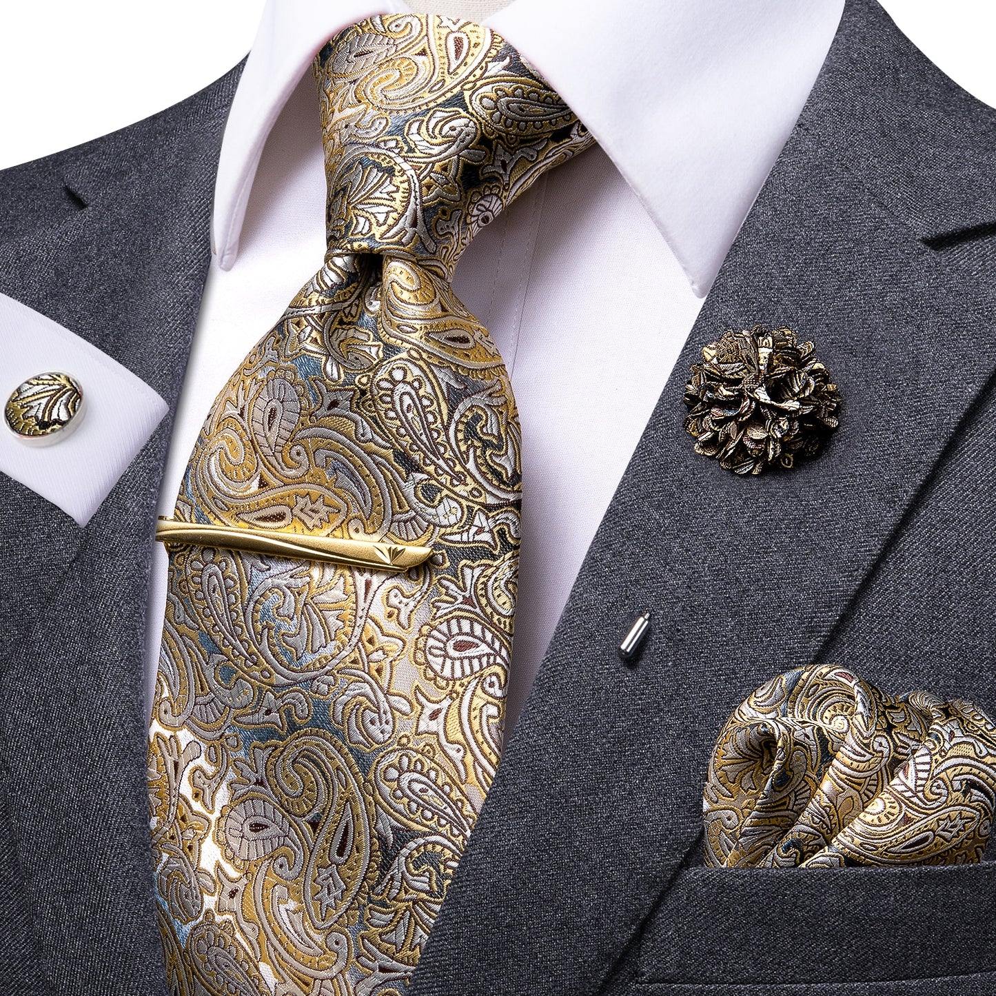Luxury Floral Gold Paisley Tie Set with Brooch and Tie Clip - Masculine Clothes