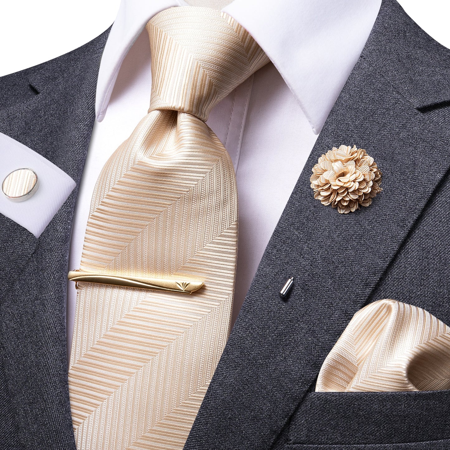 Champagne Silk Tie Set with Brooch and Tie Clip - Masculine Clothes