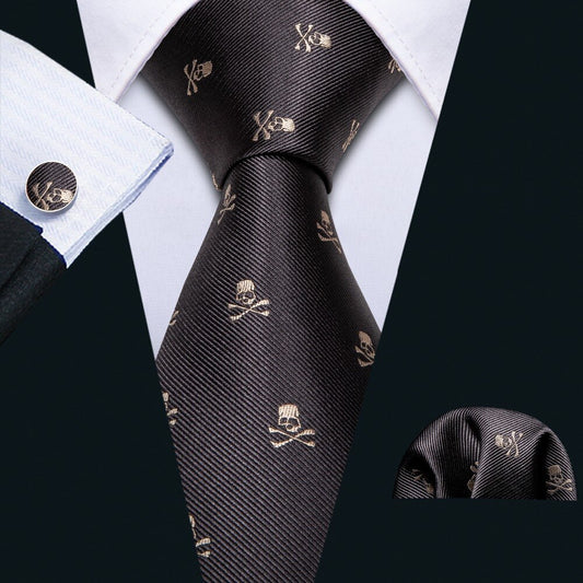 Skull In Brown Silk Tie Set - Masculine Clothes