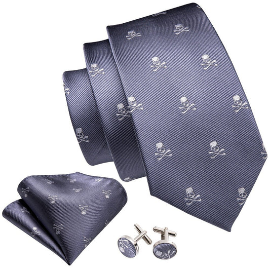 Skull In Gray Silk Tie Set - Masculine Clothes