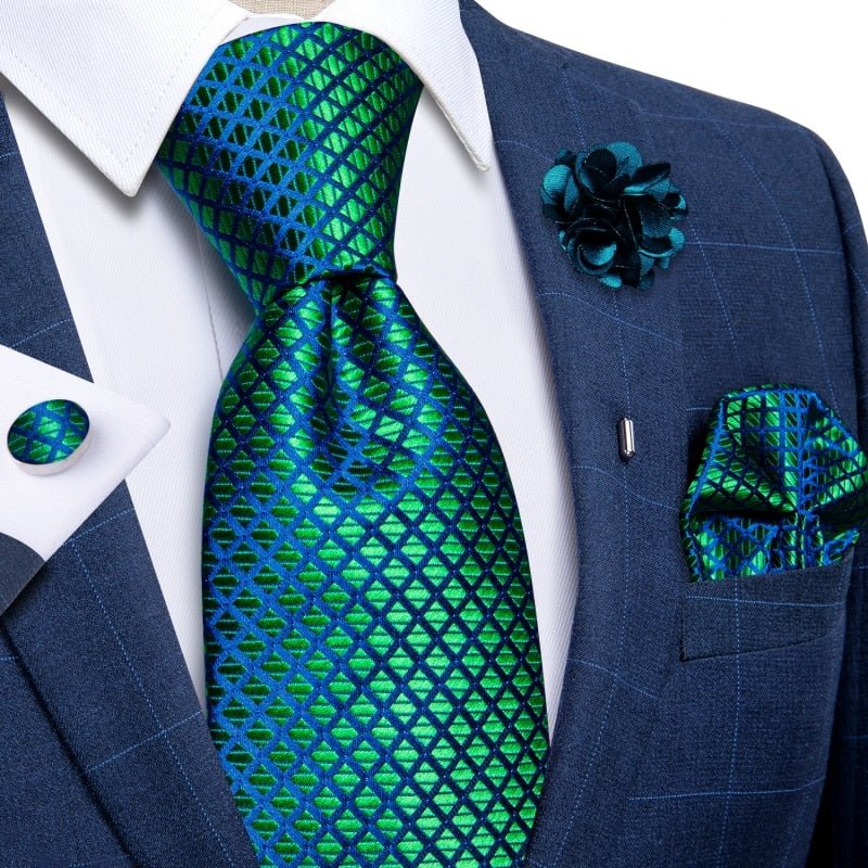 Blue and Green Silk Tie Set with Brooch - Masculine Clothes