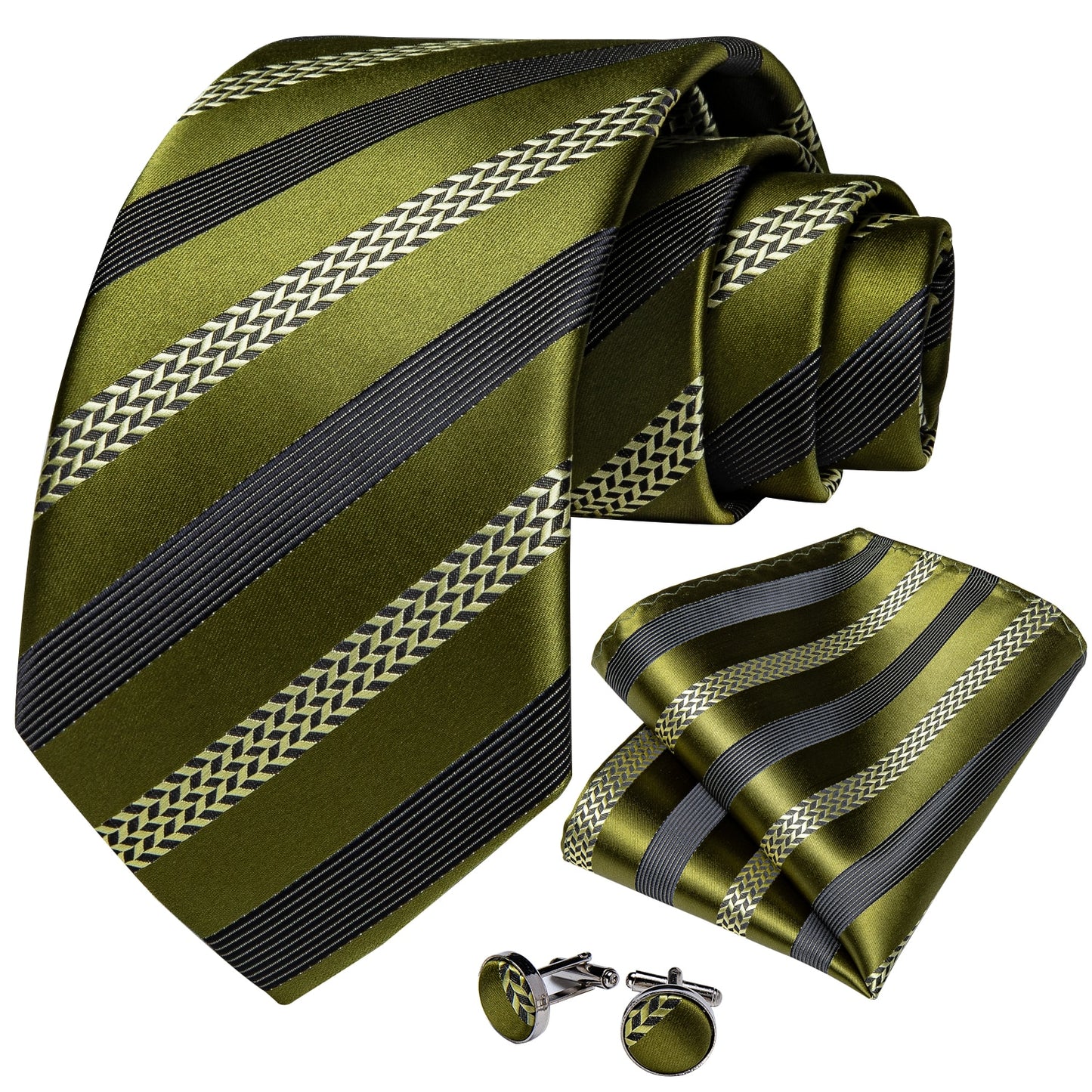 Olive Green Stripes Silk Tie Set - Masculine Clothes