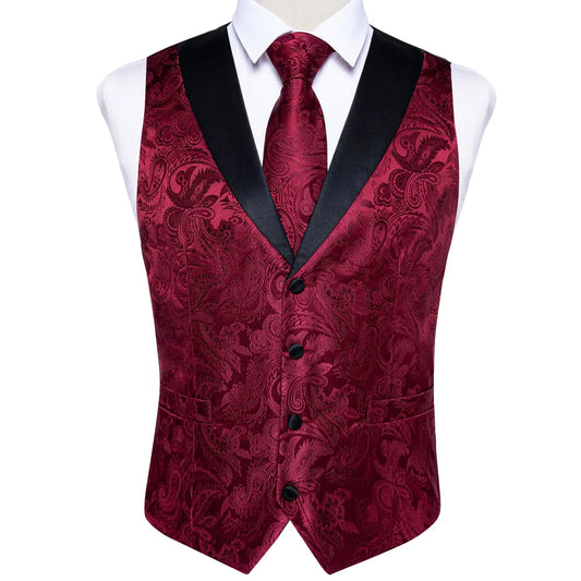 Red Floral with Collar Vest Set - Masculine Clothes