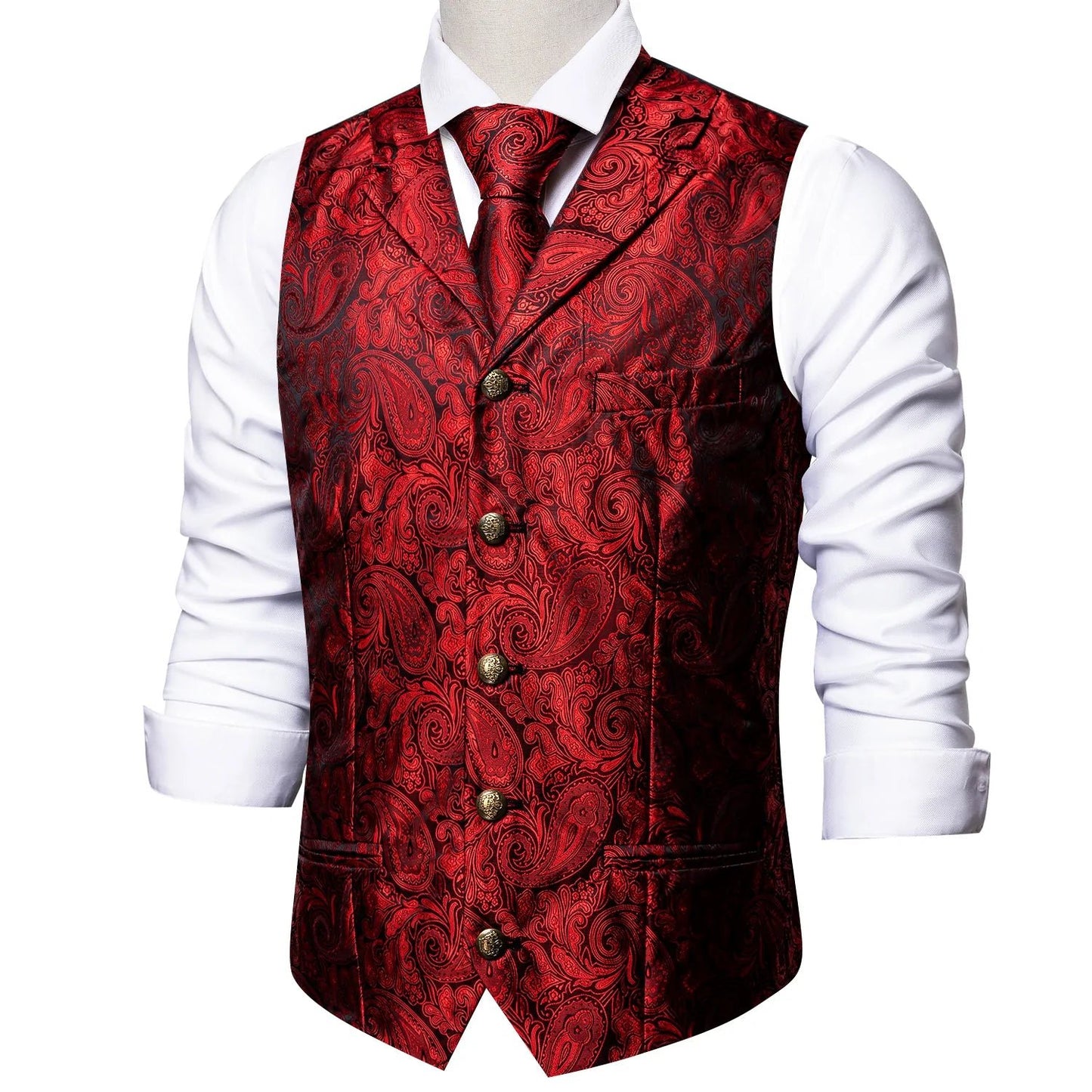 Red Floral In Black with Metal Button Vest Set - Masculine Clothes